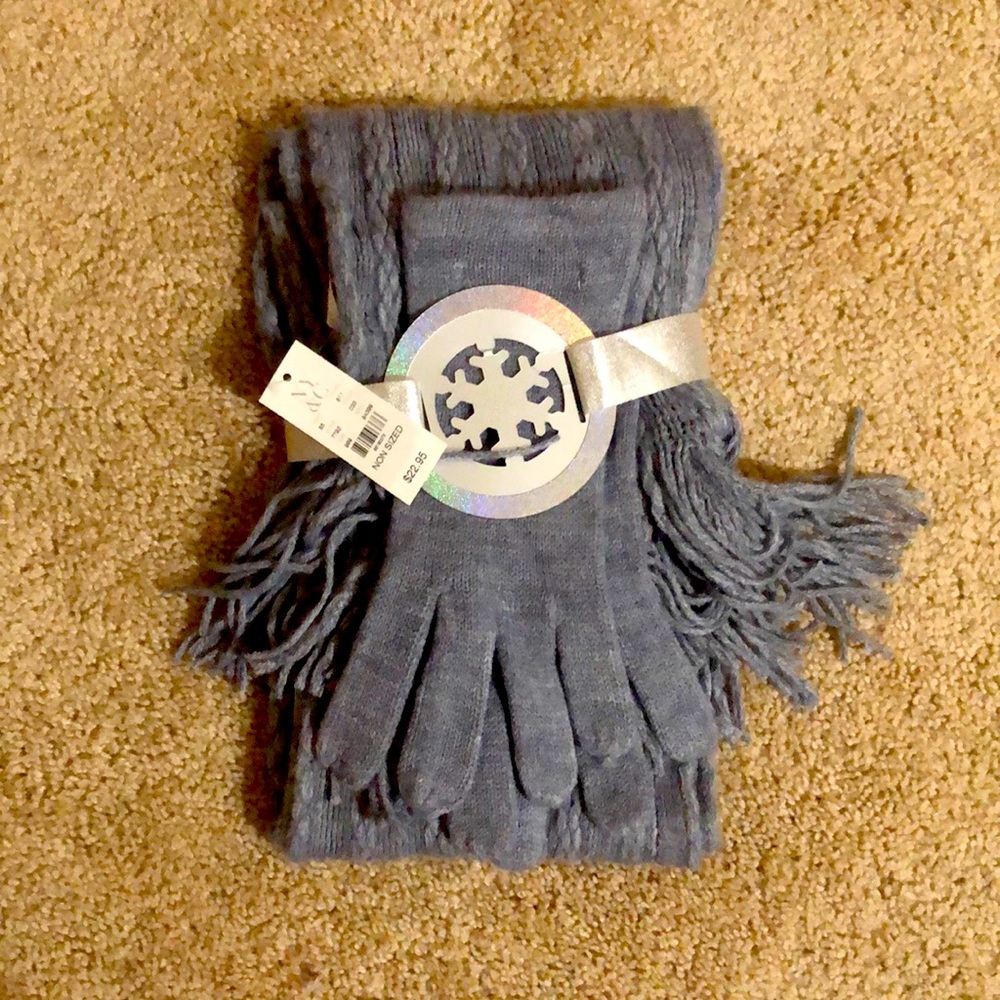 Brand new grey glove and scarf set with frills at end great for gifting